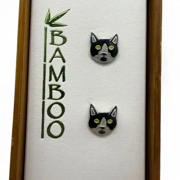 Tuxedo Cat Face Stud Earrings 925 Sterling Silver Cloisonne Enamel Kitten - Picture 3 of 4